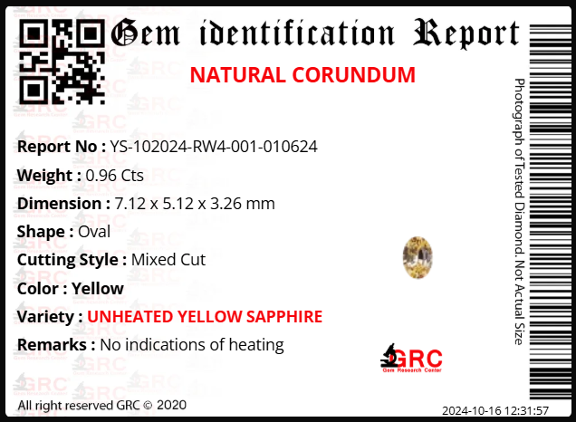 0.96 carat Natural Unheated Yellow Sapphire from Sri Lanka Oval Cut High Clarity Gemstone