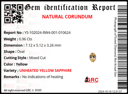 0.96 carat Natural Unheated Yellow Sapphire from Sri Lanka Oval Cut High Clarity Gemstone